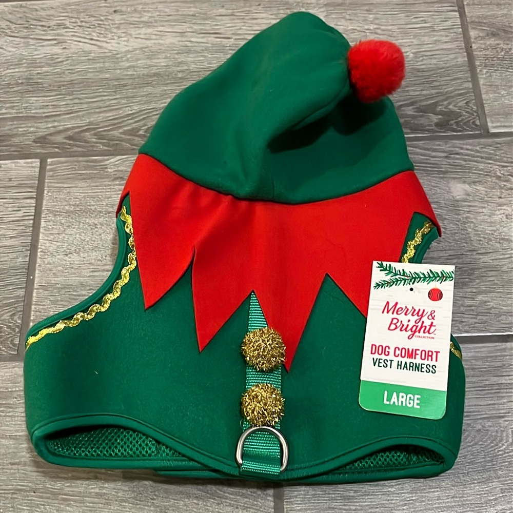 Merry & Bright Elf Christmas dog hooded comfort vest harness size L